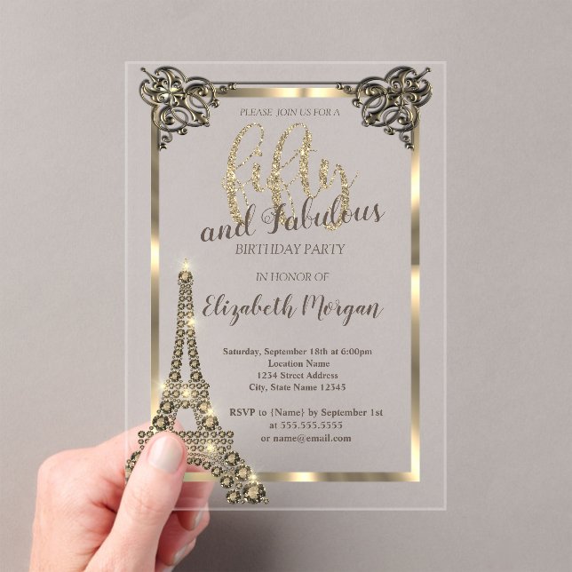 Invitations En Acrylique Diamants de luxe Tour Eiffel, Bordure 50e annivers (In situ (ordinateur de poche))