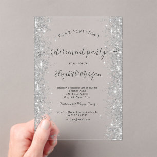 Invitations En Acrylique Diamants Pailletés Argent Crème Fête de Retraite