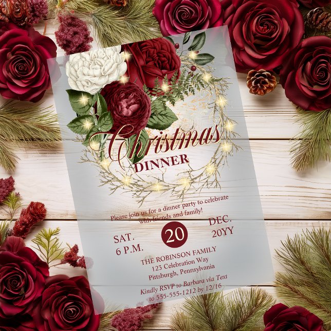 Invitations En Acrylique Dîner de Noël - Couronne de vigne florale illuminé (Christmas Dinner Floral Grapevine Faux Lighted Wreath Acrylic Invitations)