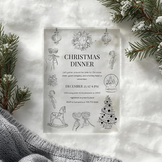 Invitations En Acrylique Dîner de Noël Noir & Blanc   (Créateur téléchargé)
