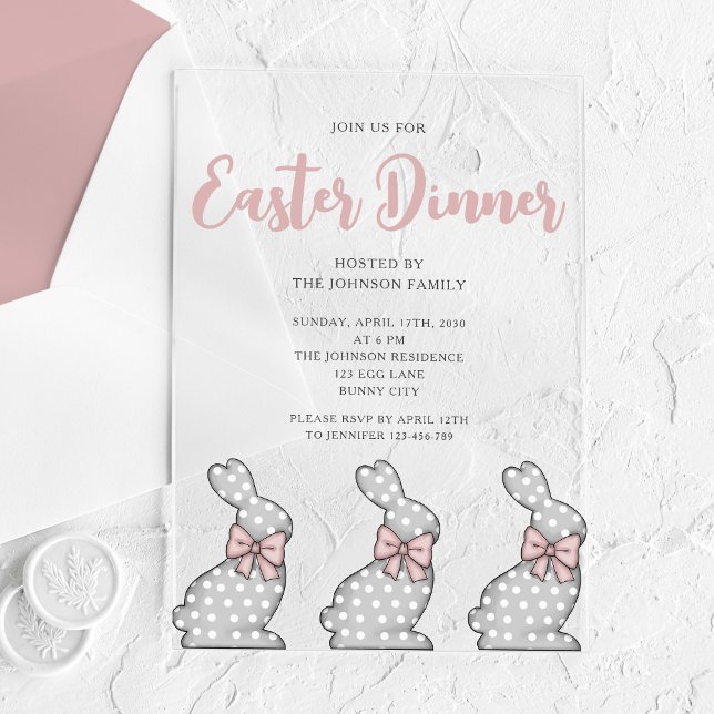 Invitations En Acrylique Dîner de Pâques Boulet Rose (Cute Pink Bunny Easter Dinner Acrylic Invitations)