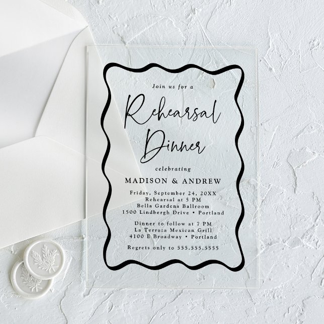 Invitations En Acrylique Dîner de répétition avec cadre ondulé noir moderne (Créateur téléchargé)