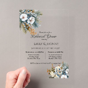 Invitations En Acrylique Dîner de répétition floral boho bleu hivernal