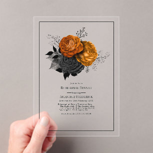 Invitations En Acrylique Dîner de répétition floral gothique orange et noir