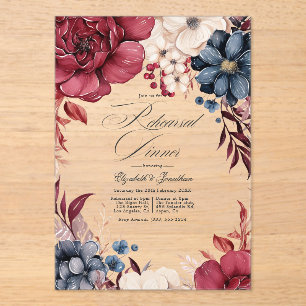 Invitations En Acrylique Dîner de répétition florale Boho Burgundy et Navy