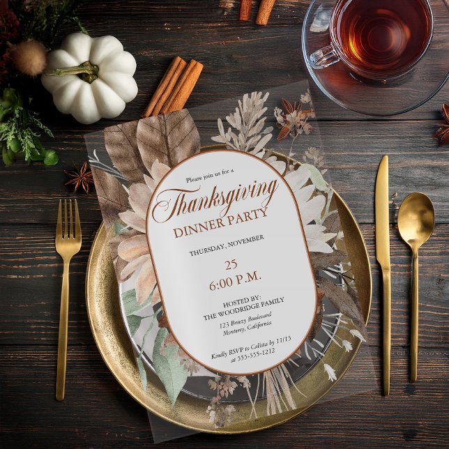 Invitations En Acrylique Dîner de Thanksgiving aux tons feutrés Floral Rust (Elegant Muted Rustic Floral Thanksgiving Dinner Party Acrylic Invitation)