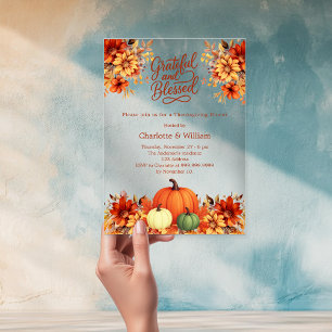 Invitations En Acrylique Dîner Thanksgiving orange fleurs citrouilles clair