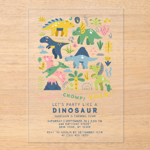 Invitations En Acrylique Dino Party mignon Dinosaures moderne Quatrième ann
