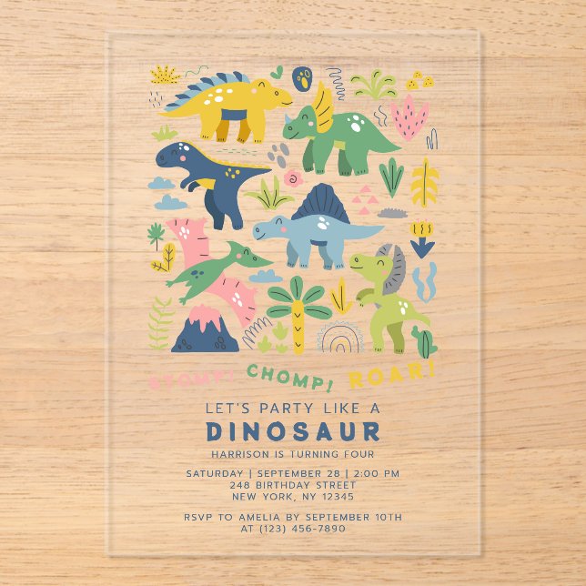Invitations En Acrylique Dino Party mignon Dinosaures moderne Quatrième ann (Recto)