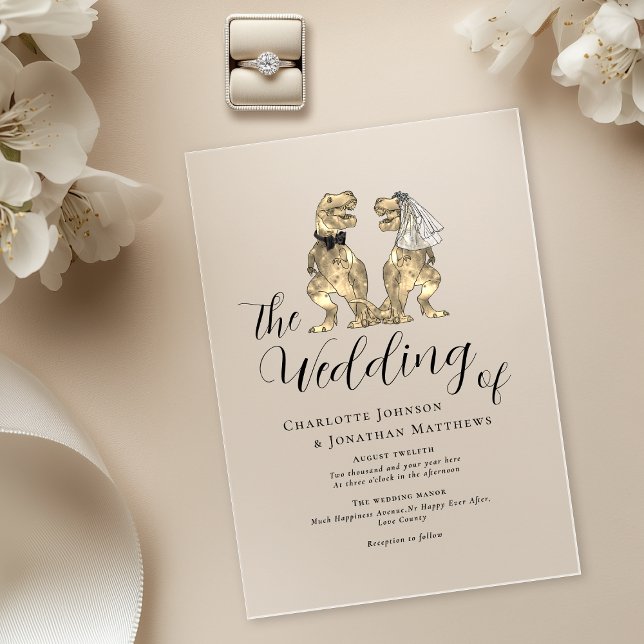 Invitations En Acrylique Dinosaur Thème Mariage (Elegant Dinosaur destination wedding 5 x 7 acrylic invitation T-Rex bride and groom black tie )