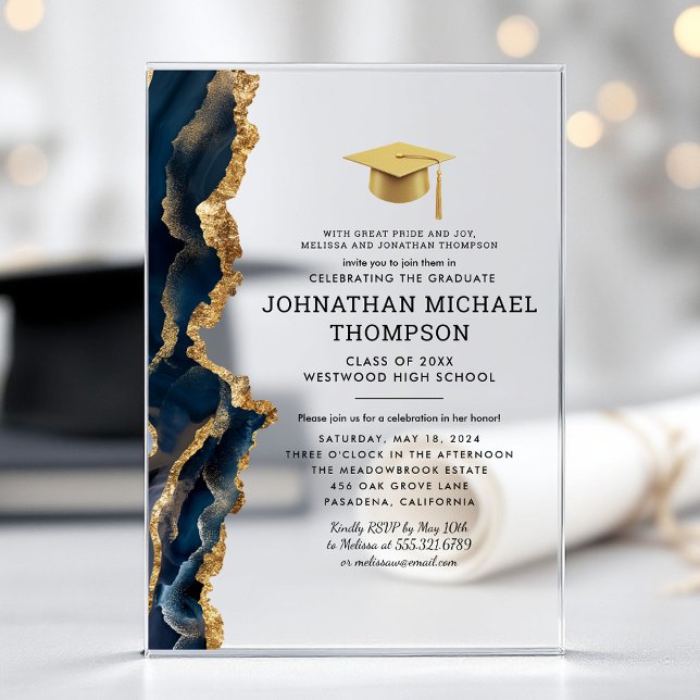 Invitations En Acrylique Diplôme Agate Bleu Or Diplôme (Créateur téléchargé)