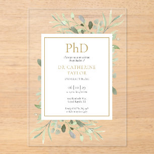 Invitations En Acrylique Diplôme de doctorat Aquarelle Verdure Floral Diplô