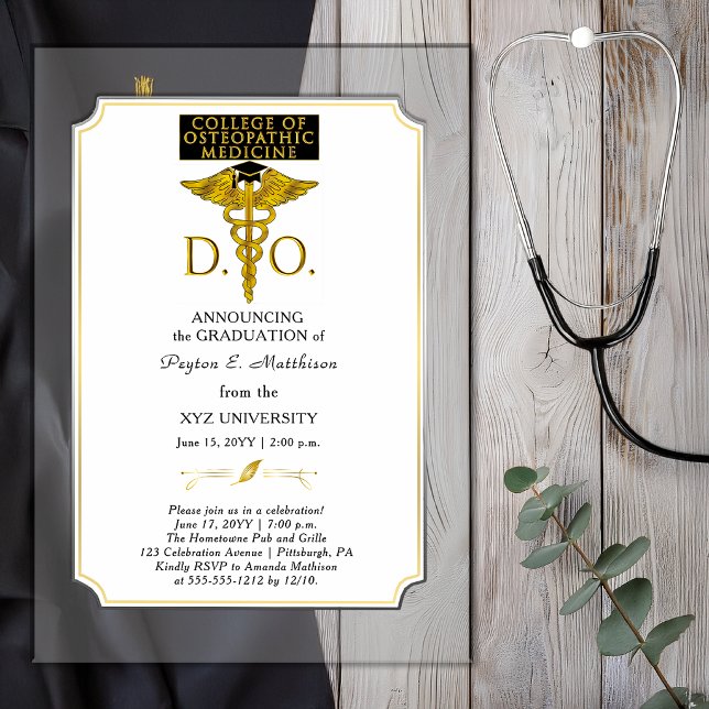 Invitations En Acrylique Diplômé en médecine ostéopathique DO  (Elegant College of Osteopathic Medicine "D.O." Physician Acrylic Graduation Invitation )