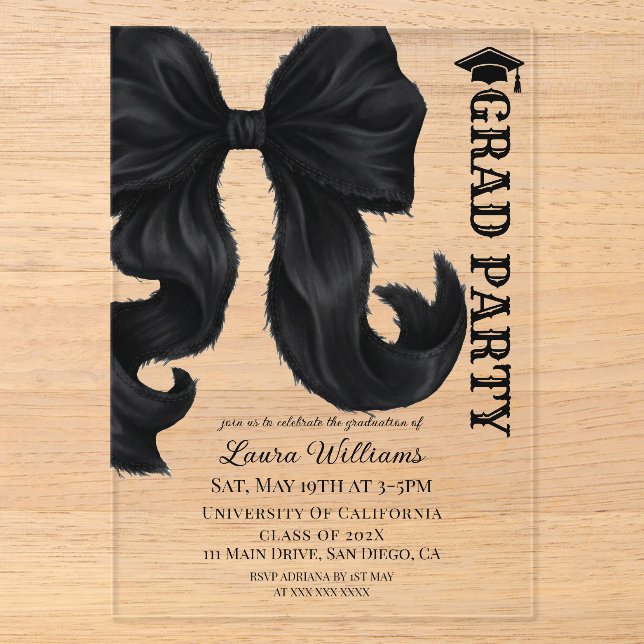 Invitations En Acrylique Diplôme Moderne Élégant Ruban Noir (Recto)