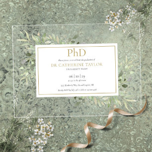 Invitations En Acrylique Diplôme Phd Vert Floral Gold Graduation