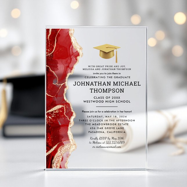 Invitations En Acrylique Diplôme Rouge Or Agate Diplôme (Créateur téléchargé)