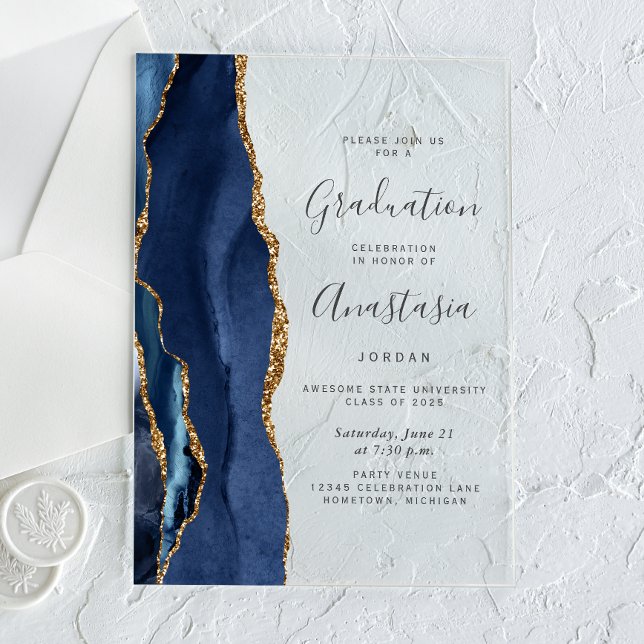 Invitations En Acrylique Diplôme Texte Gris Agate Or Bleu Marine (Créateur téléchargé)