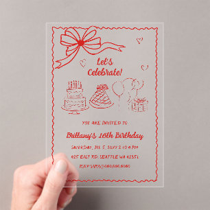 Invitations En Acrylique Doodé à la main rose rouge Coquette Bow Anniversai