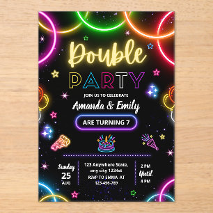 Invitations En Acrylique Double Anniversaire Jumeaux Néon Anniversaire des