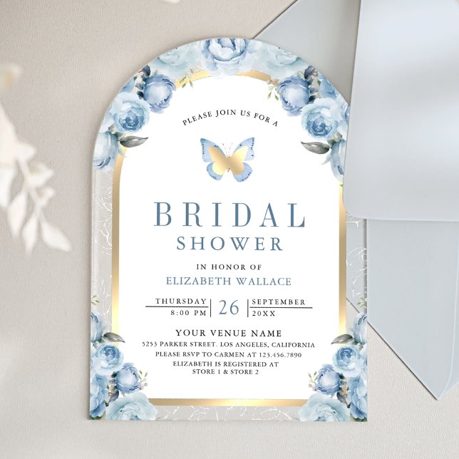 Invitations En Acrylique Douce Arche Florale Bleue Papillon Mariage (Créateur téléchargé)