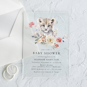 Invitations En Acrylique Douce Baby Shower Hiver Léopard des Neiges Aquarel
