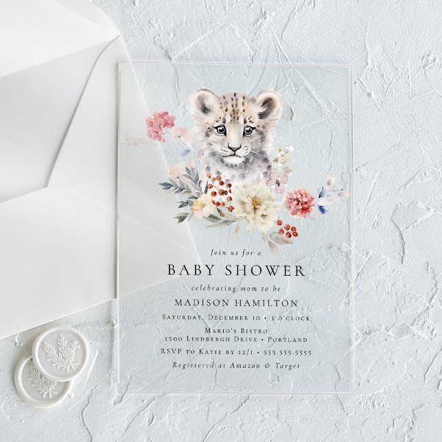 Invitations En Acrylique Douce Baby Shower Hiver Léopard des Neiges Aquarel (Créateur téléchargé)