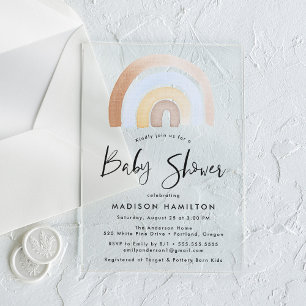 Invitations En Acrylique Douce Fête de Bébé Arc-en-Ciel à l'Aquarelle Bleue