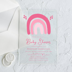 Invitations En Acrylique Douce Fête de Bébé Cœurs Roses et Arc-en-Ciel