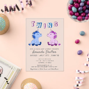 Invitations En Acrylique Douce Licorne Rose et Bleue pour Jumeaux Baby Show