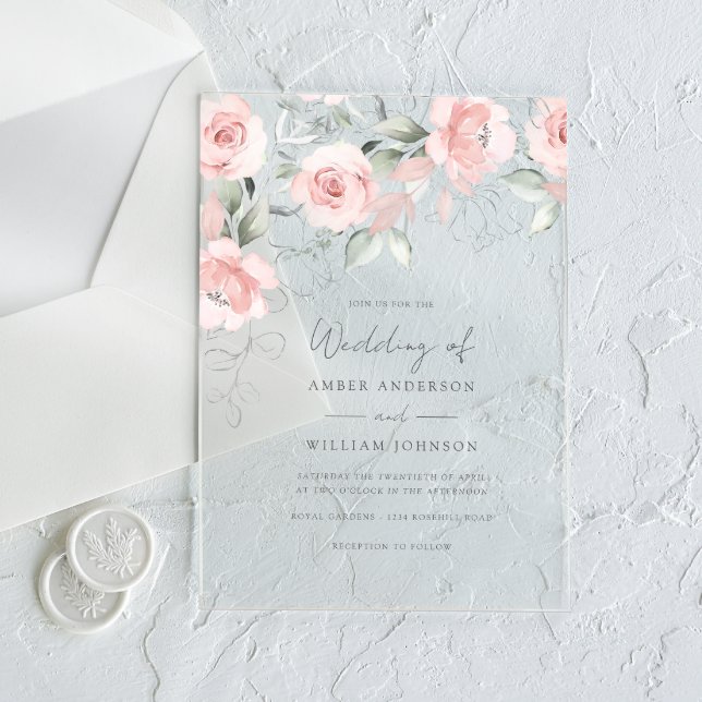 Invitations En Acrylique Douce Mariage Floral Rose Pâle  (Créateur téléchargé)