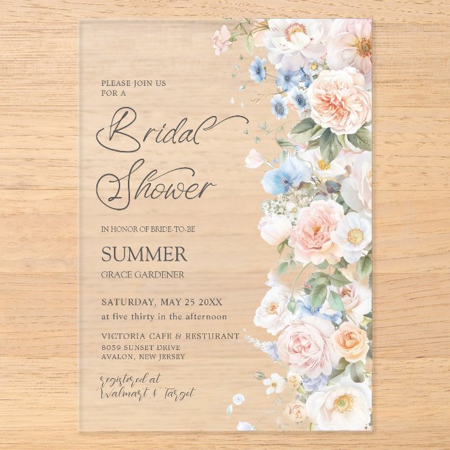 Invitations En Acrylique Douce Mariage Florale Pastel Rose Blanc Bleu (Recto)