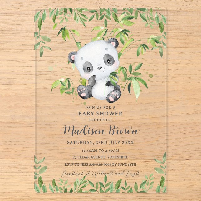Invitations En Acrylique Douce Ourson Panda Bamboo Verdure Baby Shower  (Recto)