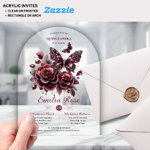 Invitations En Acrylique Douces papillons QUINCEANERA Bourgogne Diamant