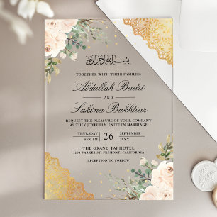 Invitations En Acrylique Douces Roses Crème Dentelle Dorée Mariage Musulman