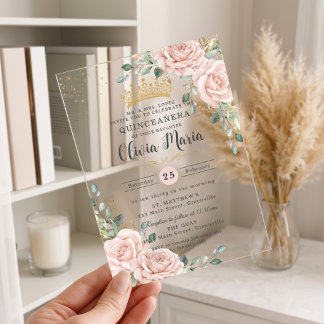 Invitations En Acrylique Douces Roses Rose Pâle Floral Quinceanera Or
