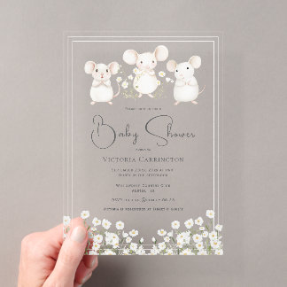 Invitations En Acrylique Douces Souris & Marguerites Rose Baby Shower