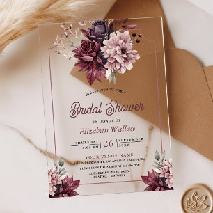 Invitations En Acrylique Douche de Mariage Fleurie Rose Poussiéreux Bourgog