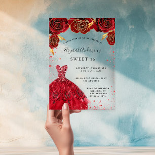 Invitations En Acrylique Doux 16 roses rouges robe parties scintillant clai