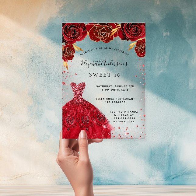 Invitations En Acrylique Doux 16 roses rouges robe parties scintillant clai (Créateur téléchargé)