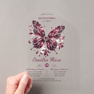 Invitations En Acrylique Douze15 Papillons QUINCEANERA Bourgogne Diamant