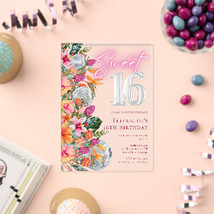 Invitations En Acrylique Douze ans colorés Fleurs tropicales Disco Annivers