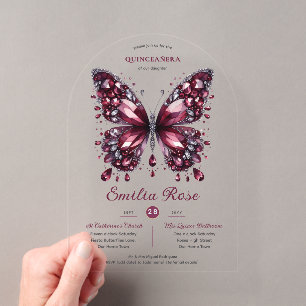 Invitations En Acrylique Douze ans papillons QUINCEANERA Bourgogne Diamant