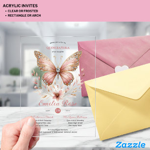 Invitations En Acrylique Douze Ans Papillons QUINCEANERA Rose Pâle Diamant