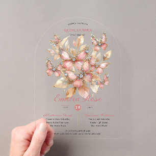 Invitations En Acrylique Douze Ans Papillons QUINCEANERA Rose Pâle Diamant
