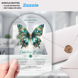 Invitations En Acrylique Douze Ans Papillons QUINCEANERA Sarcelle Or Diaman