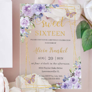 Invitations En Acrylique Douze ans seize Lilac floral papillons violets