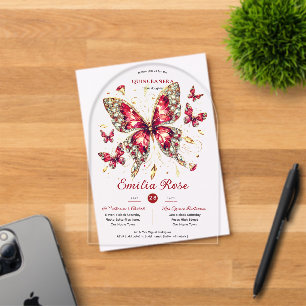 Invitations En Acrylique Douze Papillons QUINCEANERA Carte Rouge Diamant