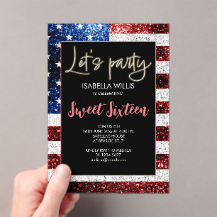 Invitations En Acrylique Drapeau américain mousseux Sweet 16 Anniversaire L