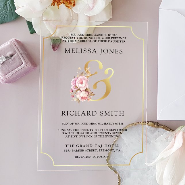 Invitations En Acrylique Dreamy Soft Pink Floral Gold Wedding (Créateur téléchargé)
