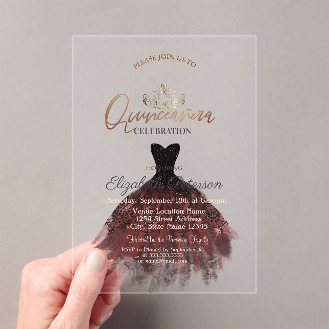 Invitations En Acrylique  Dress,Tiara,Chic Red Roses Quinceañera   (In situ (ordinateur de poche))